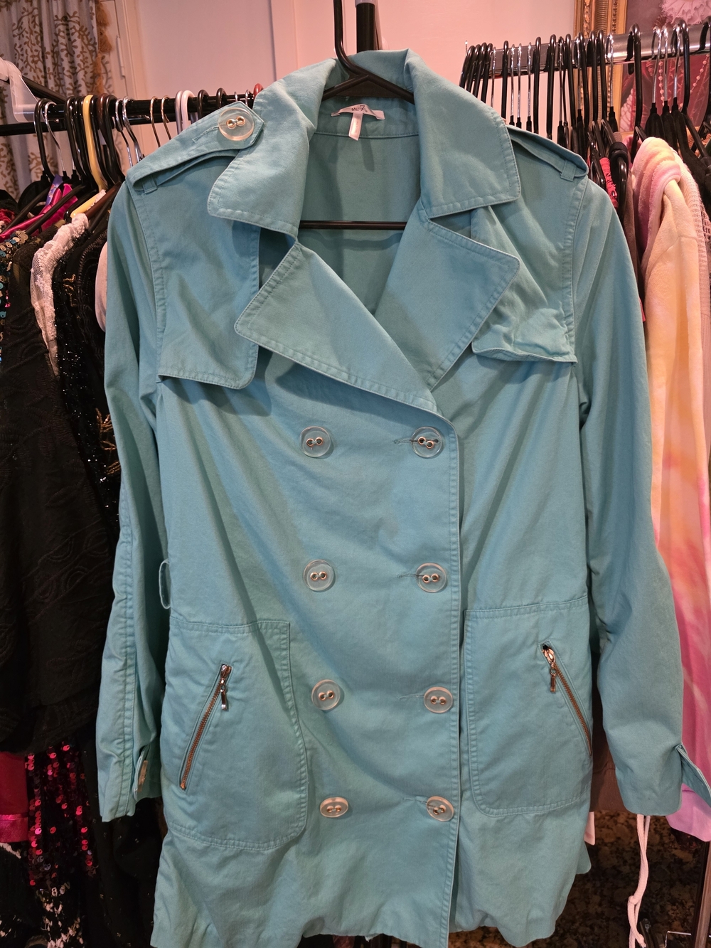 Vintage Metro 7 Teal Double-Breasted Trench Coat